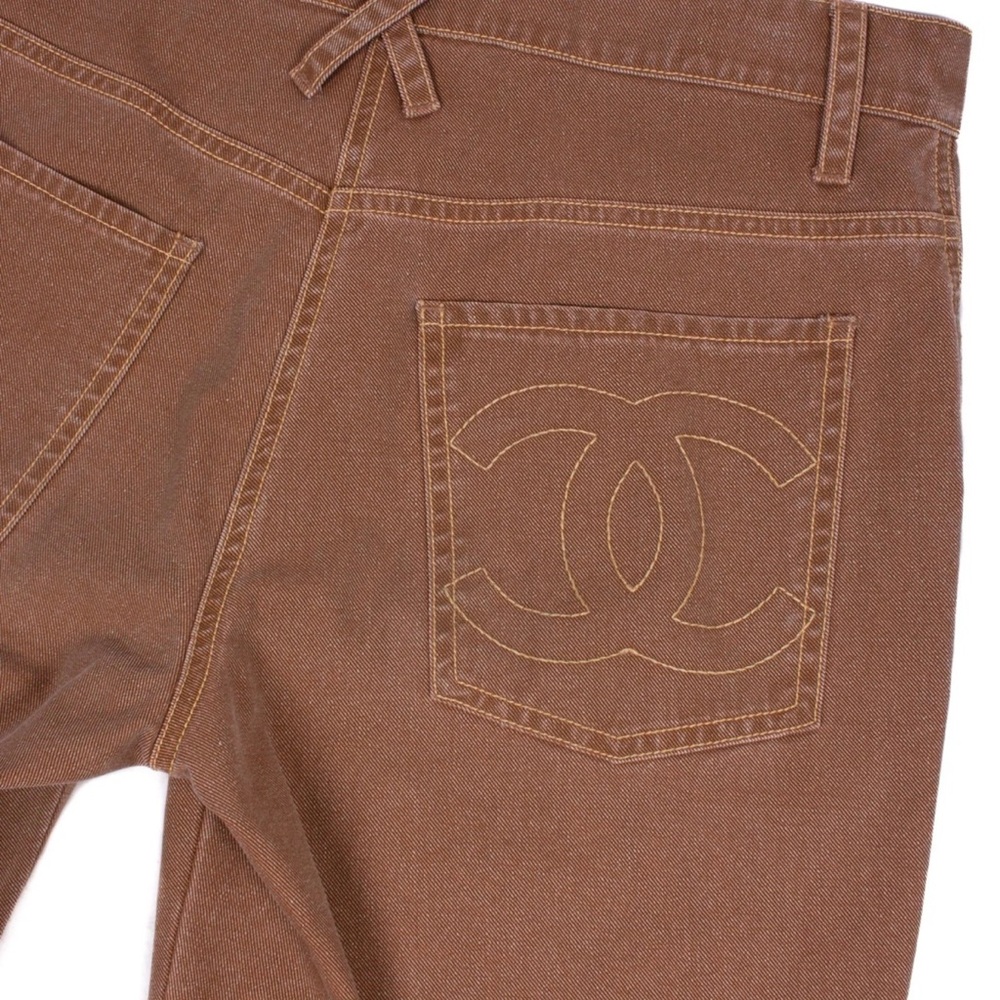 CHANEL Brown Denim Jeans with Iridescent CC Button